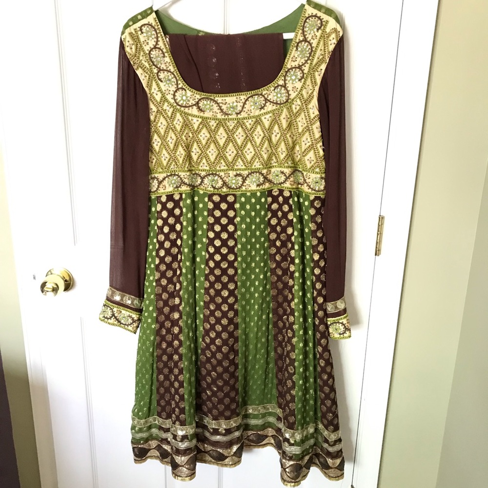 Green and Maroon Indian Silk with Georgette Dress